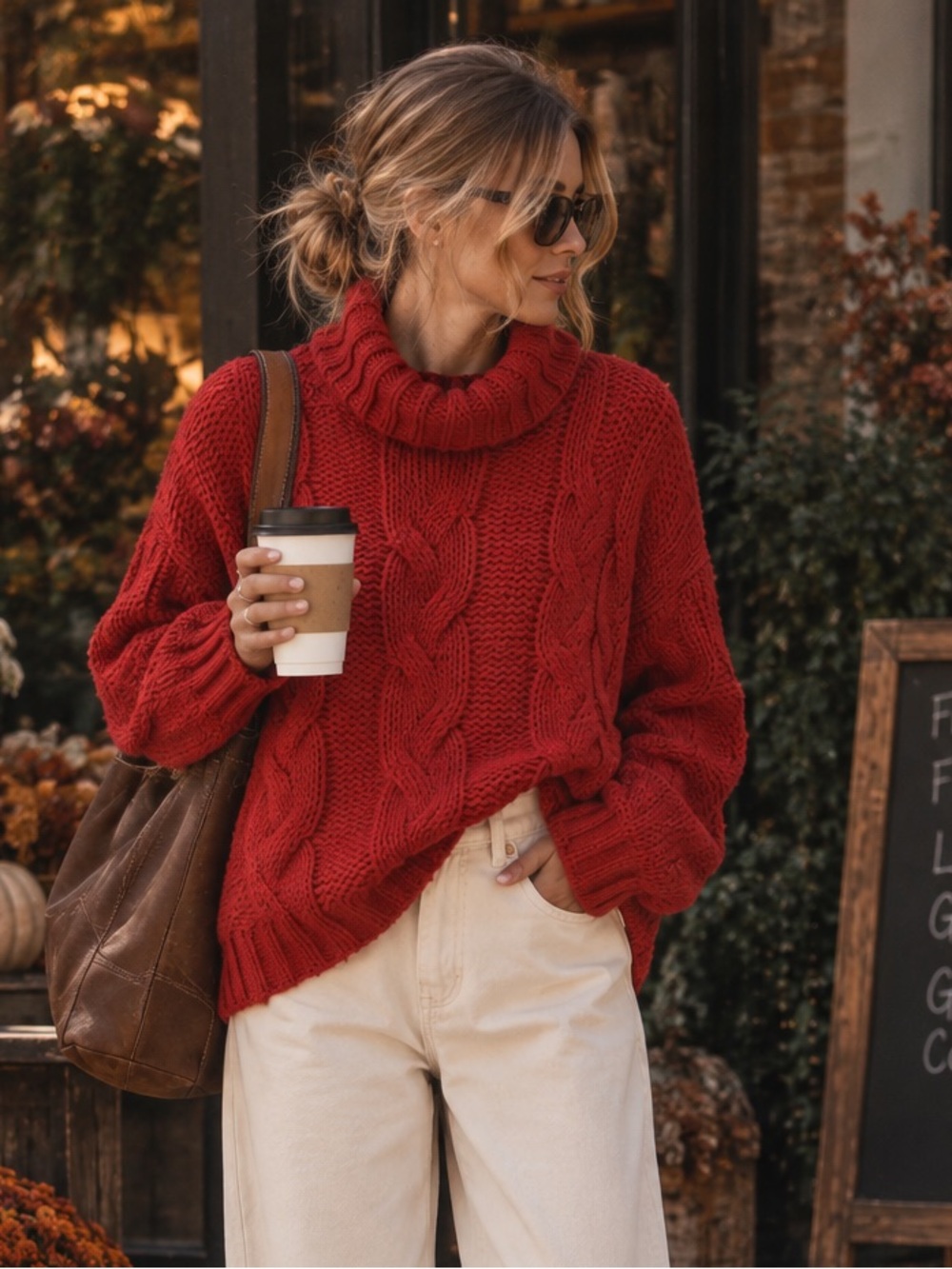 Anthropologie Talulah Chunky Cable Turtleneck Sweater Brick Red